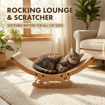 Elegant Bohemian Cat Scratcher Lounge Bed with Solid Wood Frame - 2-in-1 Rocking and Scratching Function for Indoor Cats, Anti-Anxiety Design, Non-Shedding Comfort for Medium to Large Cats and Kittens