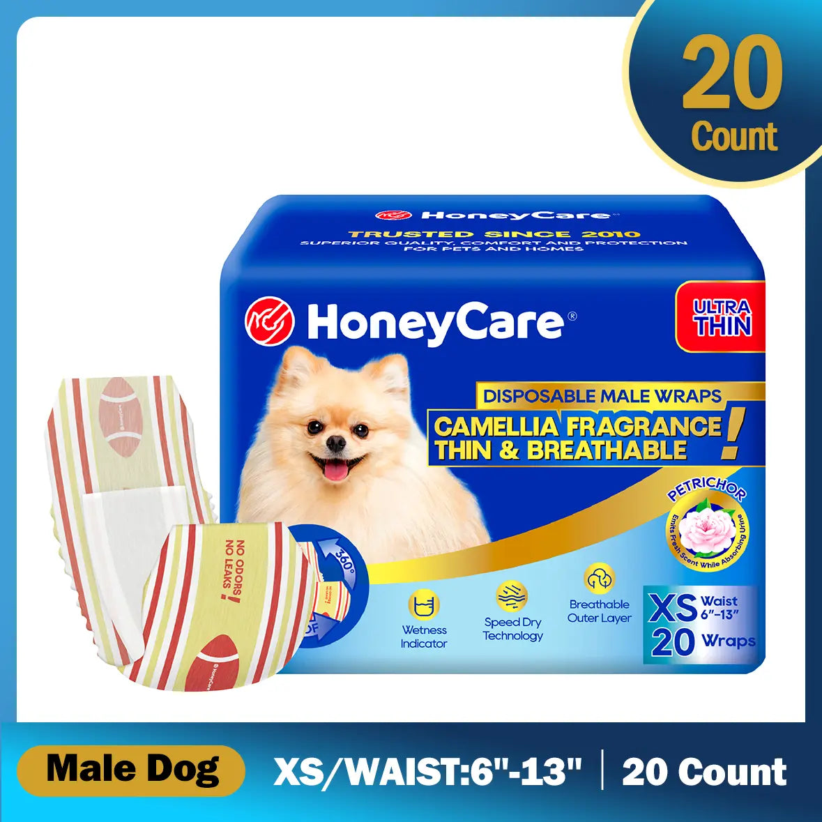 Honeycare Disposable Dog Diapers for Male and Female - Puppy Training Wraps with Stretchy Fabric, 360-Degree Leak-Proof Design, Super Absorbent and Breathable Material, Wetness Indicator, and Adjustable Suspenders for Effective Toilet Training