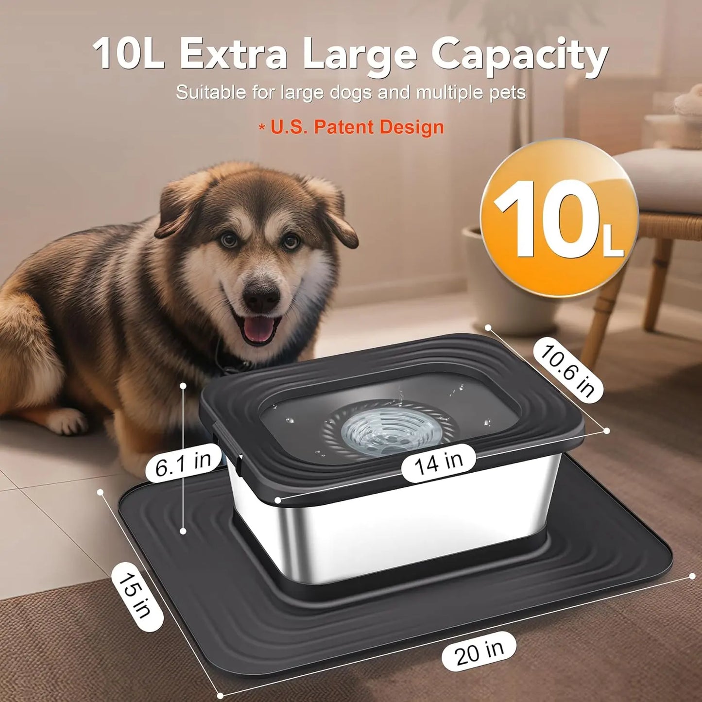 Premium Stainless Steel Dog Water Bowl Set - 7L & 10L Capacity with Anti-Splash Design, XXL Silicone Mat, and Spill-Proof Slow Feeder for Indoor and Outdoor Use, Featuring Double Anti-Skid Technology