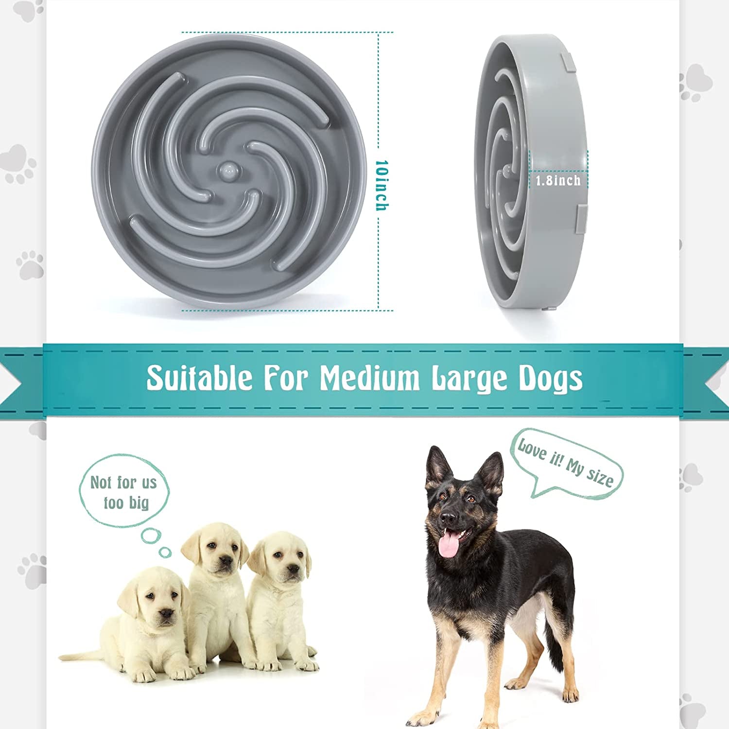 Large Non-Slip Slow Feeder Dog Bowl for Medium to Large Breeds - Interactive Maze Design to Promote Healthy Eating and Prevent Choking, Light Gray