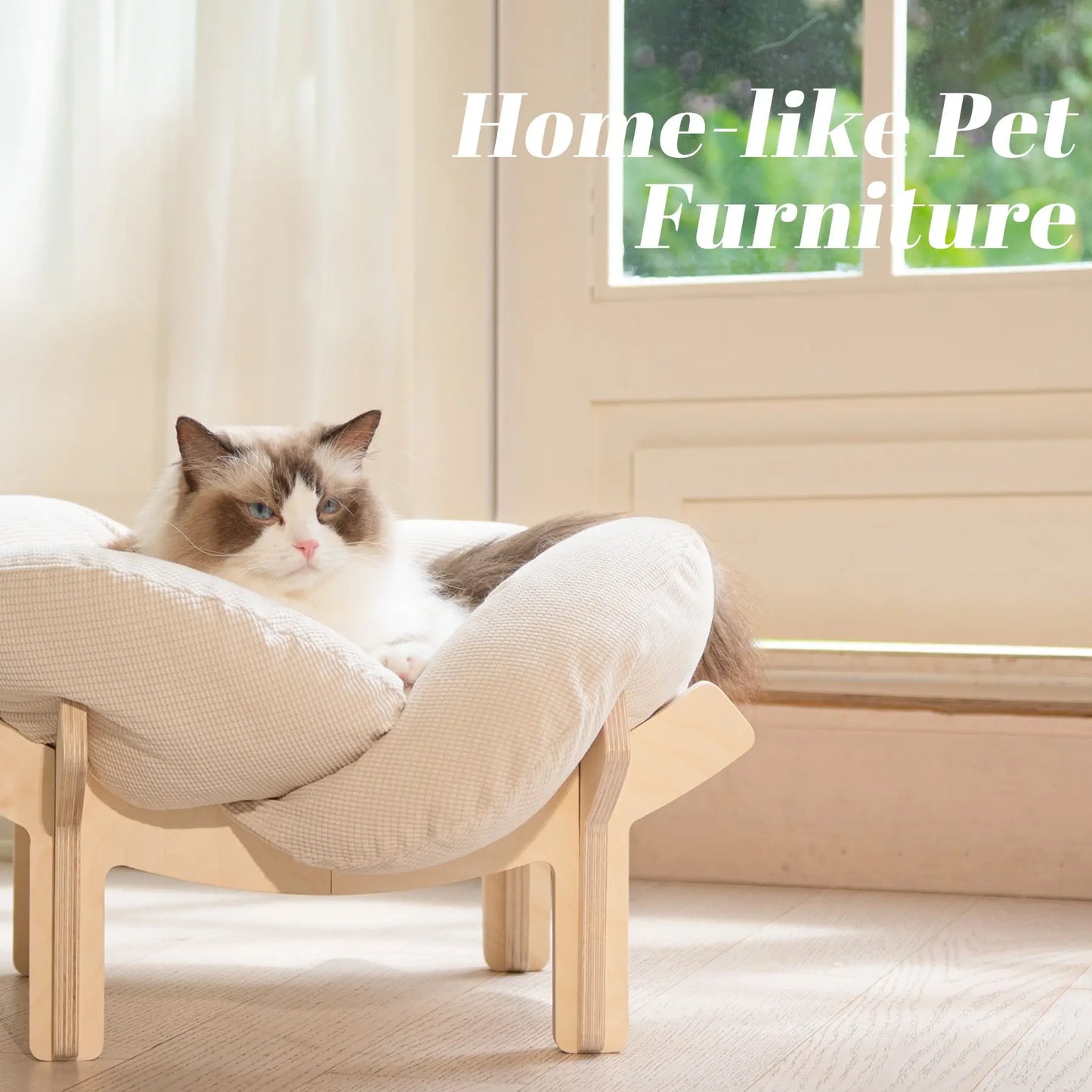 Elevated Wooden Cat Bed with Cushion - Fluffy Pet Sofa for Indoor Cats and Dogs, Raised Lounge Chair, Large Size Cat Furniture