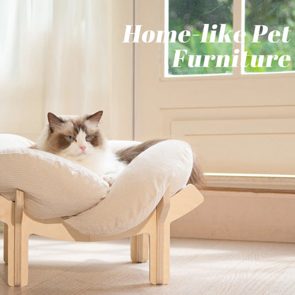 Elevated Wooden Cat Bed with Cushion - Fluffy Pet Sofa for Indoor Cats and Dogs, Raised Lounge Chair, Large Size Cat Furniture