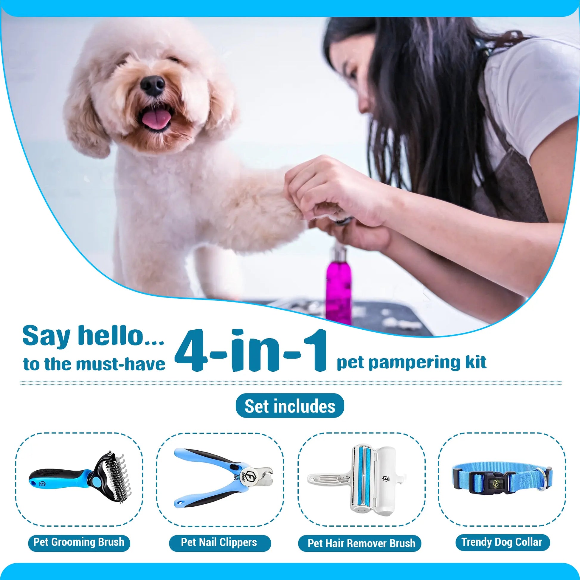 Ultimate 4-in-1 Pet Grooming Kit: Reusable Hair Remover, Double-Sided Shedding Brush, Nail Clippers, and Stylish Nylon Collar for Medium Dogs - Pink