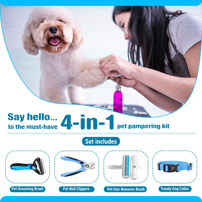 Ultimate 4-in-1 Pet Grooming Kit: Reusable Hair Remover, Double-Sided Shedding Brush, Nail Clippers, and Stylish Nylon Collar for Medium Dogs - Pink