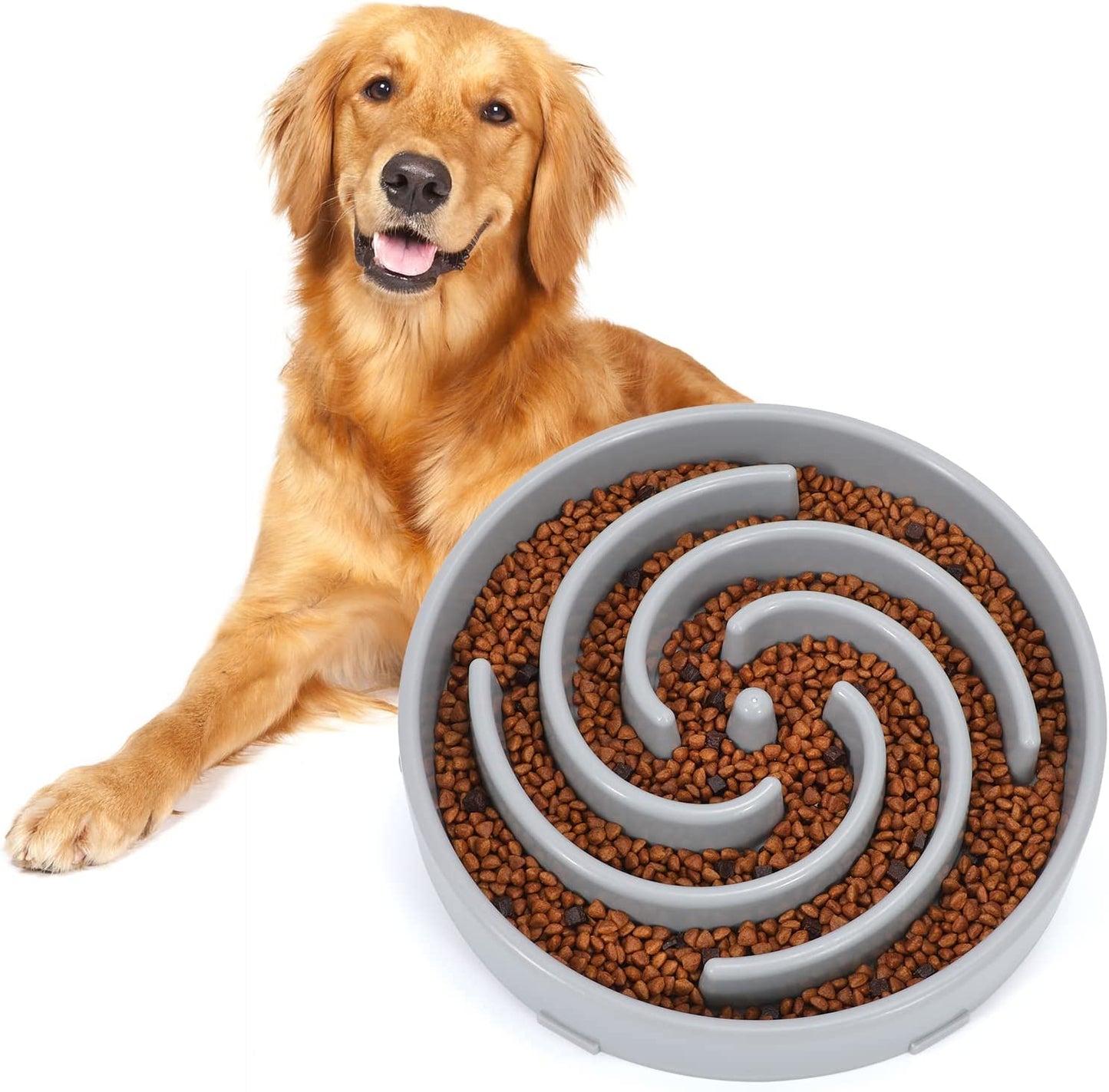 Large Non-Slip Slow Feeder Dog Bowl for Medium to Large Breeds - Interactive Maze Design to Promote Healthy Eating and Prevent Choking, Light Gray