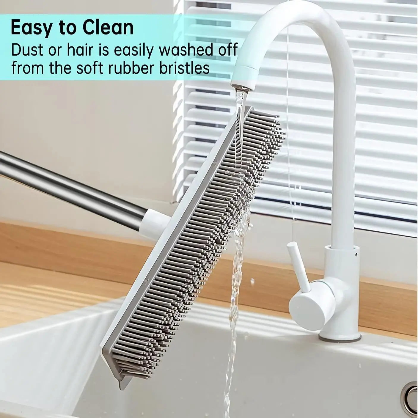 Adjustable 2-in-1 Broom with Squeegee Edge and Soft Rubber Bristles for Indoor and Outdoor Cleaning, Ideal for Pet Hair Removal and Housekeeping Tasks