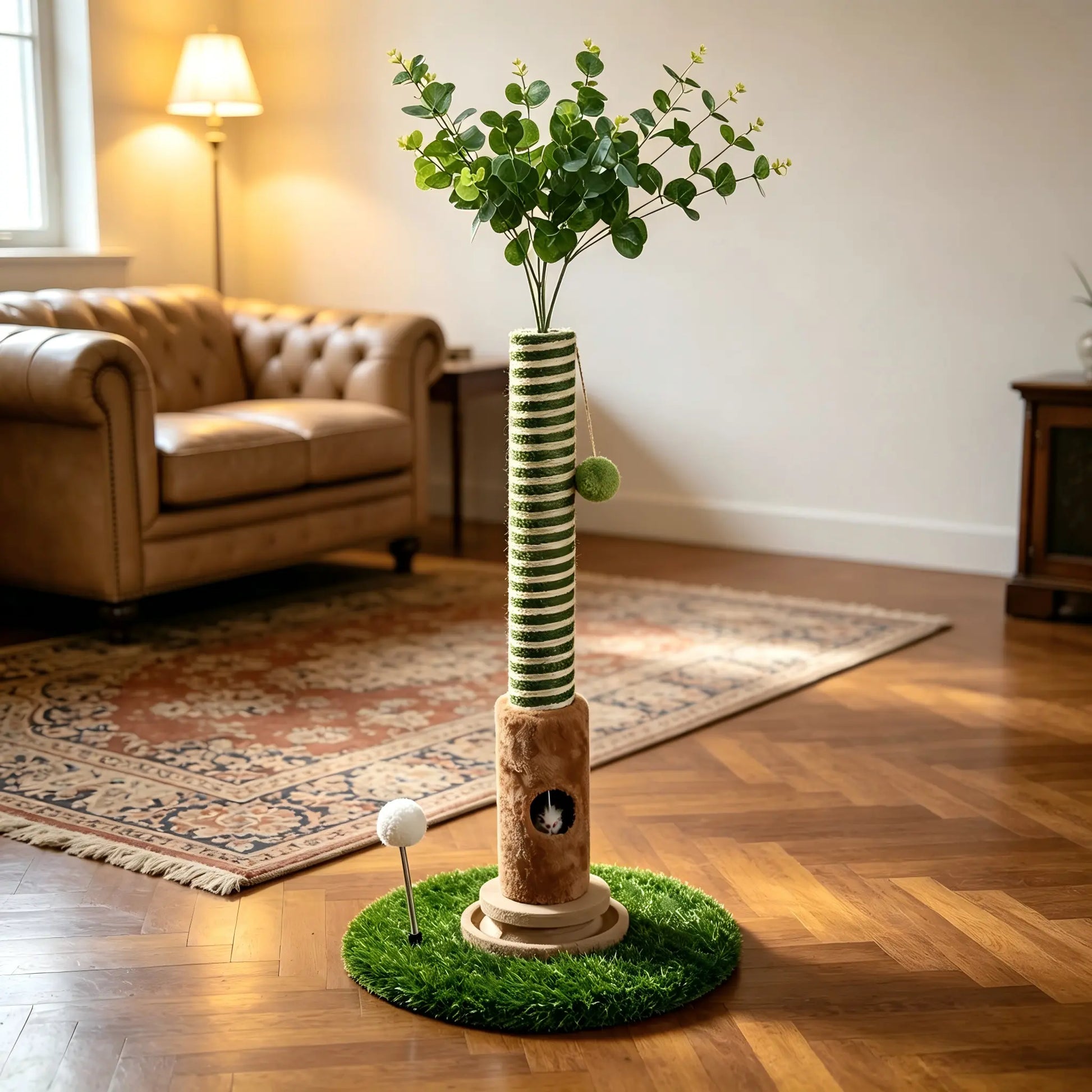 39-Inch Interactive Cat Scratching Post with Artificial Eucalyptus Leaves - 4-in-1 Cat Tree Tower with Toy Balls and Sisal Rope - Modern Indoor Pet Furniture for Living Room