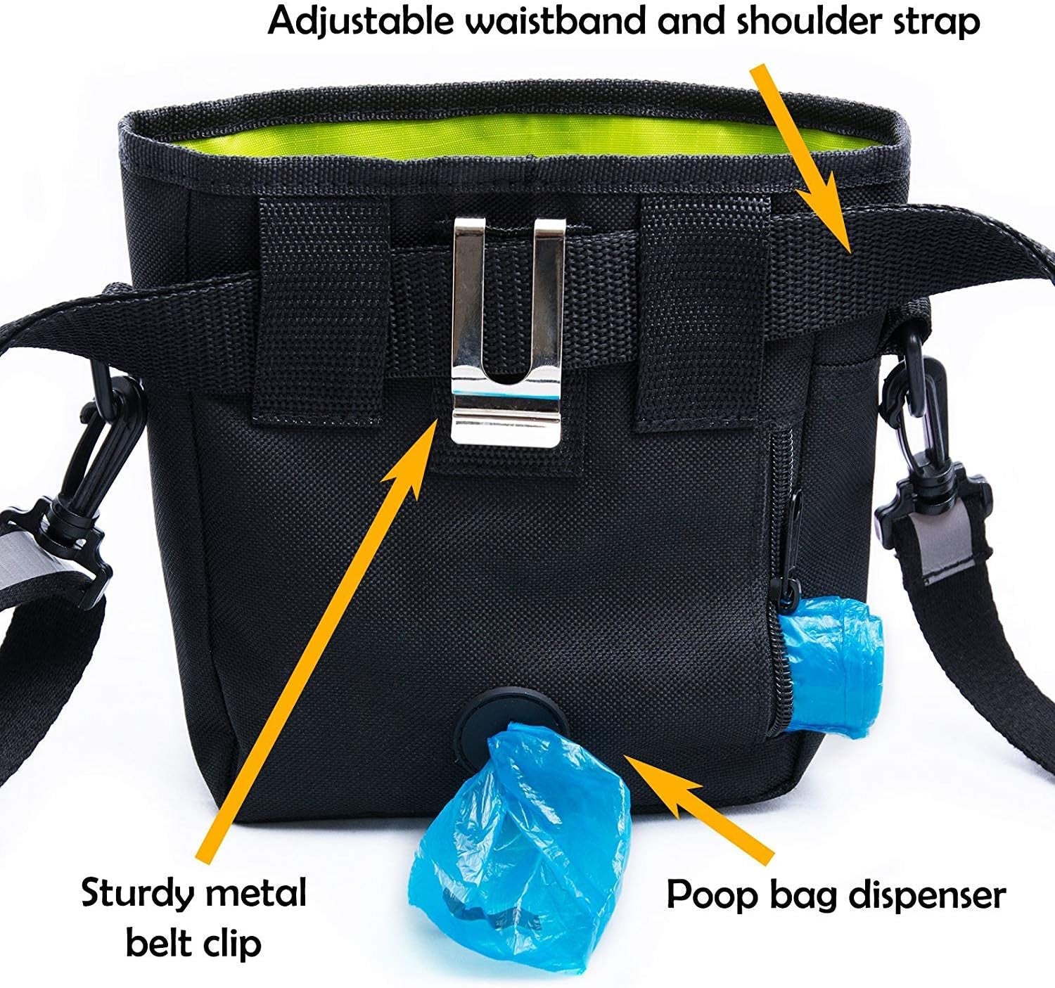 Dog Training and Walking Treat Pouch with Poop Bag Dispenser, Pro Clicker, Collapsible Travel Bowl, and Reflective Shoulder Strap - Black/Green