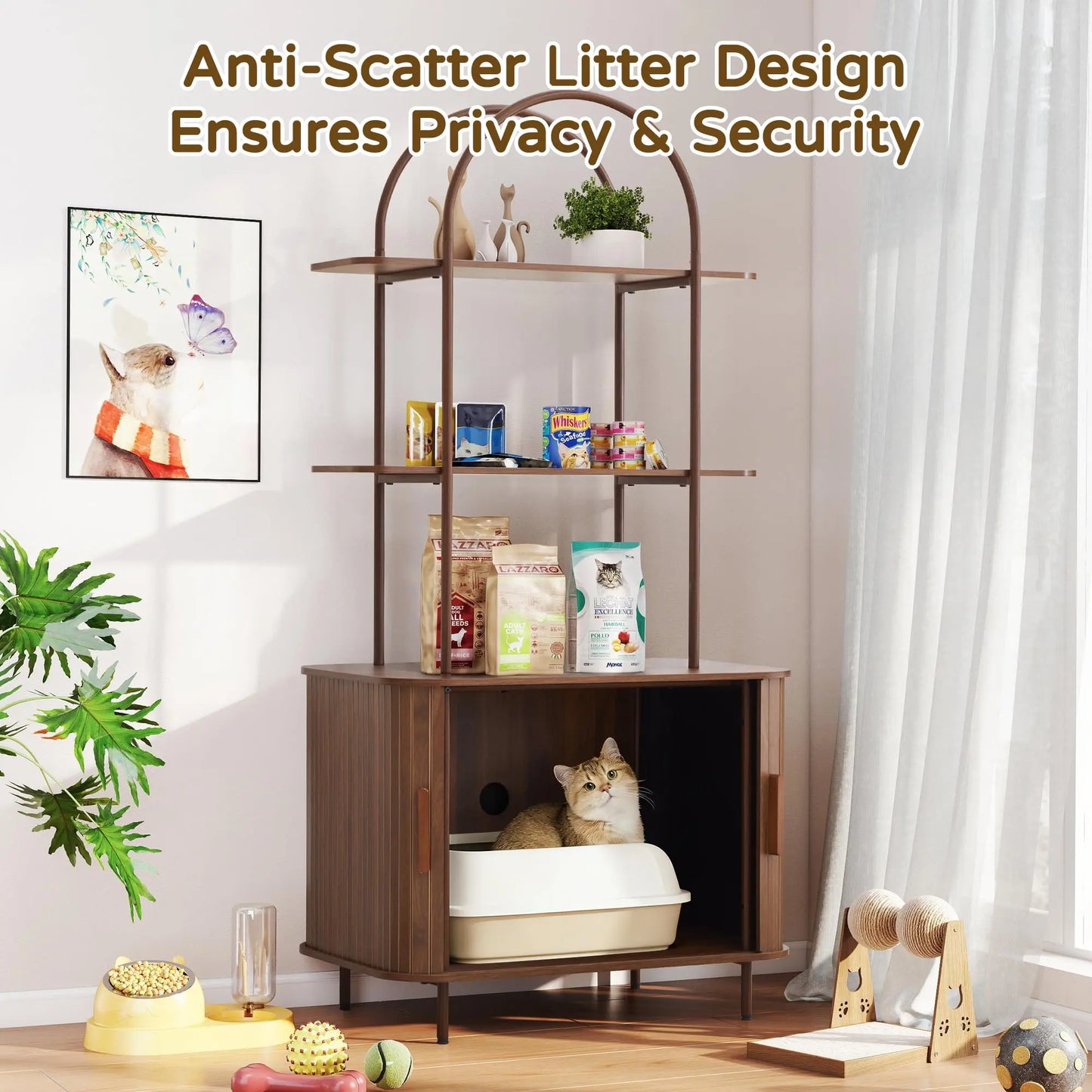 Giratree Sophisticated Cat Litter Box Enclosure with Dual Storage Shelves and Sliding Door, Spacious Curved Indoor Cat House