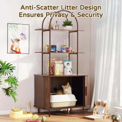 Giratree Sophisticated Cat Litter Box Enclosure with Dual Storage Shelves and Sliding Door, Spacious Curved Indoor Cat House