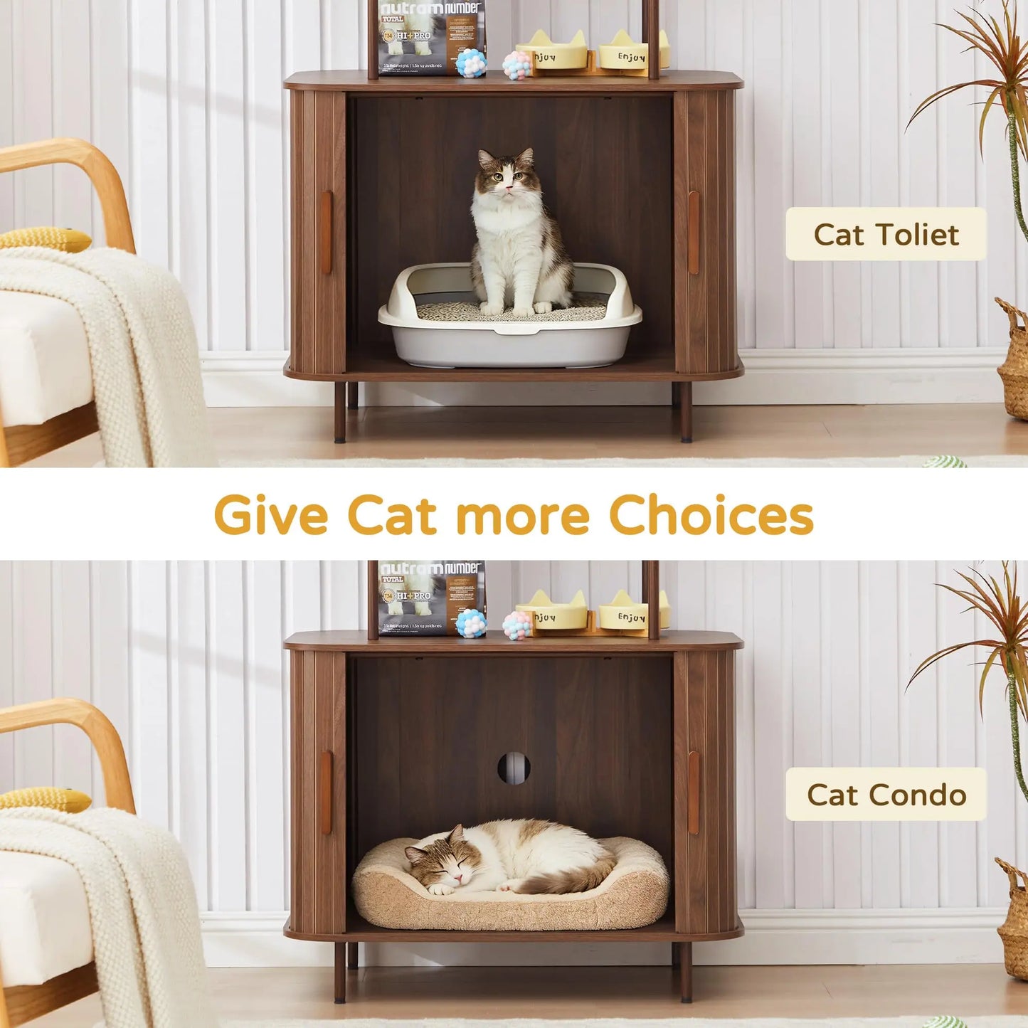Giratree Sophisticated Cat Litter Box Enclosure with Dual Storage Shelves and Sliding Door, Spacious Curved Indoor Cat House