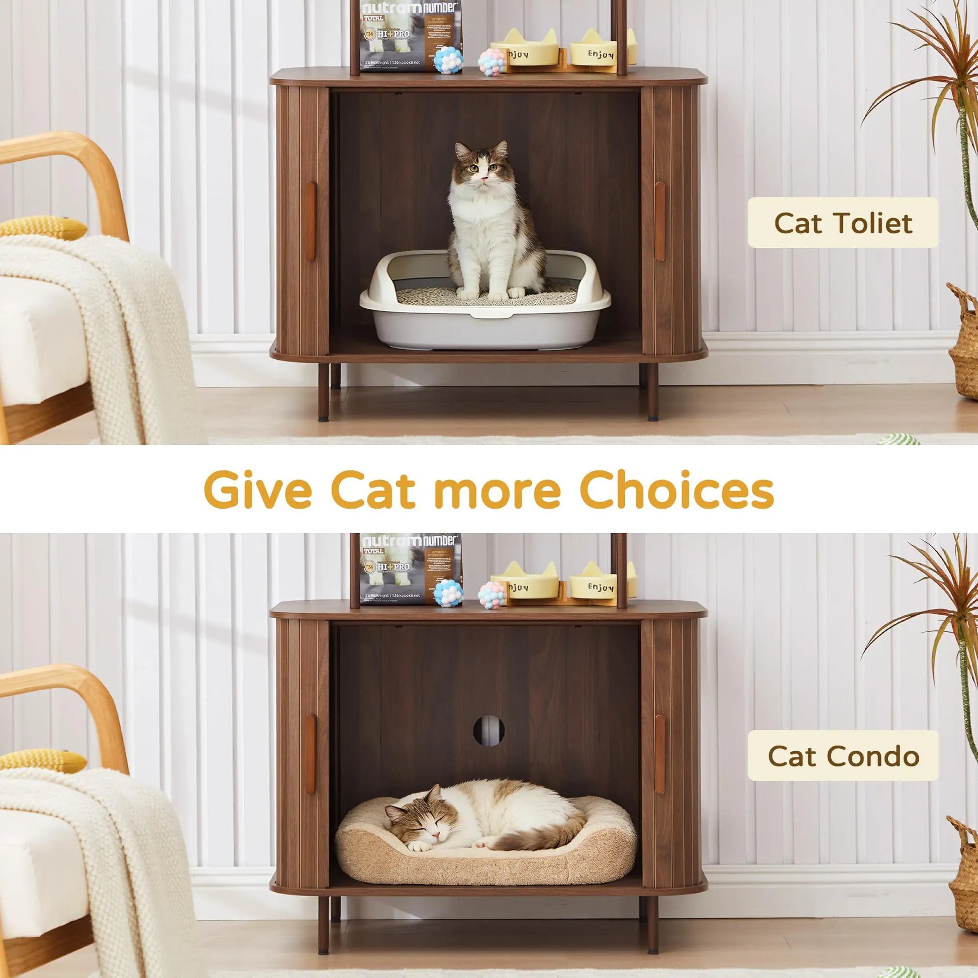 Giratree Sophisticated Cat Litter Box Enclosure with Dual Storage Shelves and Sliding Door, Spacious Curved Indoor Cat House