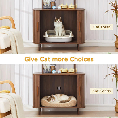 Giratree Sophisticated Cat Litter Box Enclosure with Dual Storage Shelves and Sliding Door, Spacious Curved Indoor Cat House