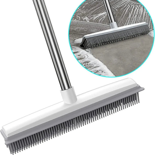 Adjustable 2-in-1 Broom with Squeegee Edge and Soft Rubber Bristles for Indoor and Outdoor Cleaning, Ideal for Pet Hair Removal and Housekeeping Tasks