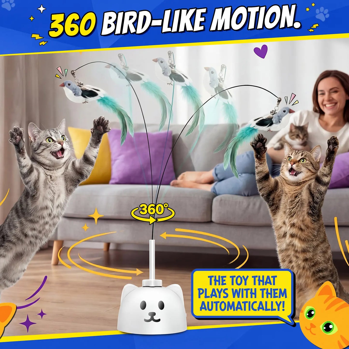 Interactive Automatic Feather Cat Toy for Indoor Use - USB Rechargeable, 360° Rotating, Sensor-Activated Puzzle Toy with Suction Cup Base