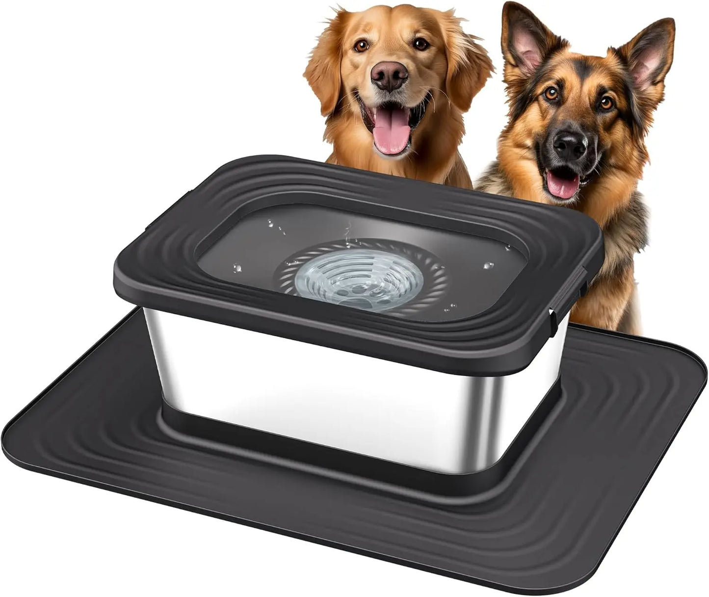 Premium Stainless Steel Dog Water Bowl Set - 7L & 10L Capacity with Anti-Splash Design, XXL Silicone Mat, and Spill-Proof Slow Feeder for Indoor and Outdoor Use, Featuring Double Anti-Skid Technology