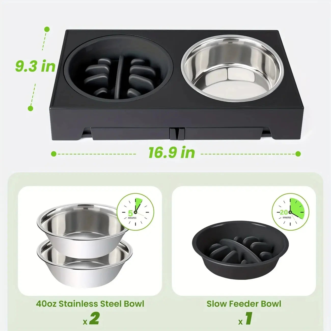 Adjustable Elevated Dog Bowl Stand with 2 Stainless Steel Bowls and 1 Slow Feeder, Height Adjustable from 3.2" to 12.2" for Small, Medium, and Large Dogs