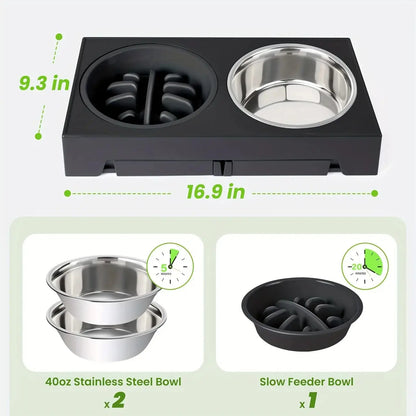 Adjustable Elevated Dog Bowl Stand with 2 Stainless Steel Bowls and 1 Slow Feeder, Height Adjustable from 3.2" to 12.2" for Small, Medium, and Large Dogs