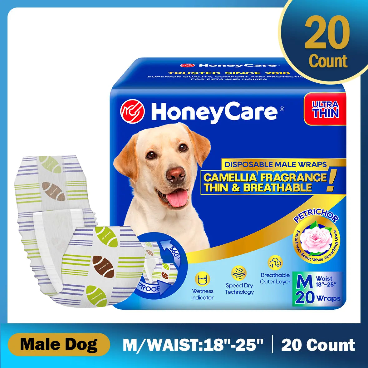 Honeycare Disposable Dog Diapers for Male and Female - Puppy Training Wraps with Stretchy Fabric, 360-Degree Leak-Proof Design, Super Absorbent and Breathable Material, Wetness Indicator, and Adjustable Suspenders for Effective Toilet Training