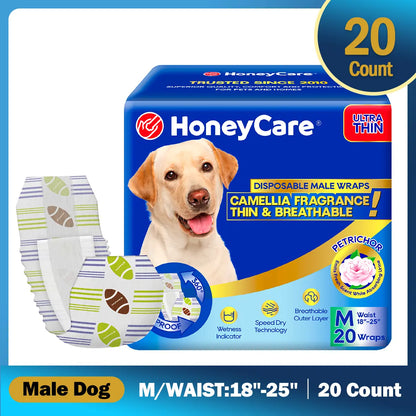 Honeycare Disposable Dog Diapers for Male and Female - Puppy Training Wraps with Stretchy Fabric, 360-Degree Leak-Proof Design, Super Absorbent and Breathable Material, Wetness Indicator, and Adjustable Suspenders for Effective Toilet Training
