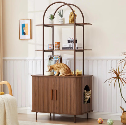 Giratree Sophisticated Cat Litter Box Enclosure with Dual Storage Shelves and Sliding Door, Spacious Curved Indoor Cat House