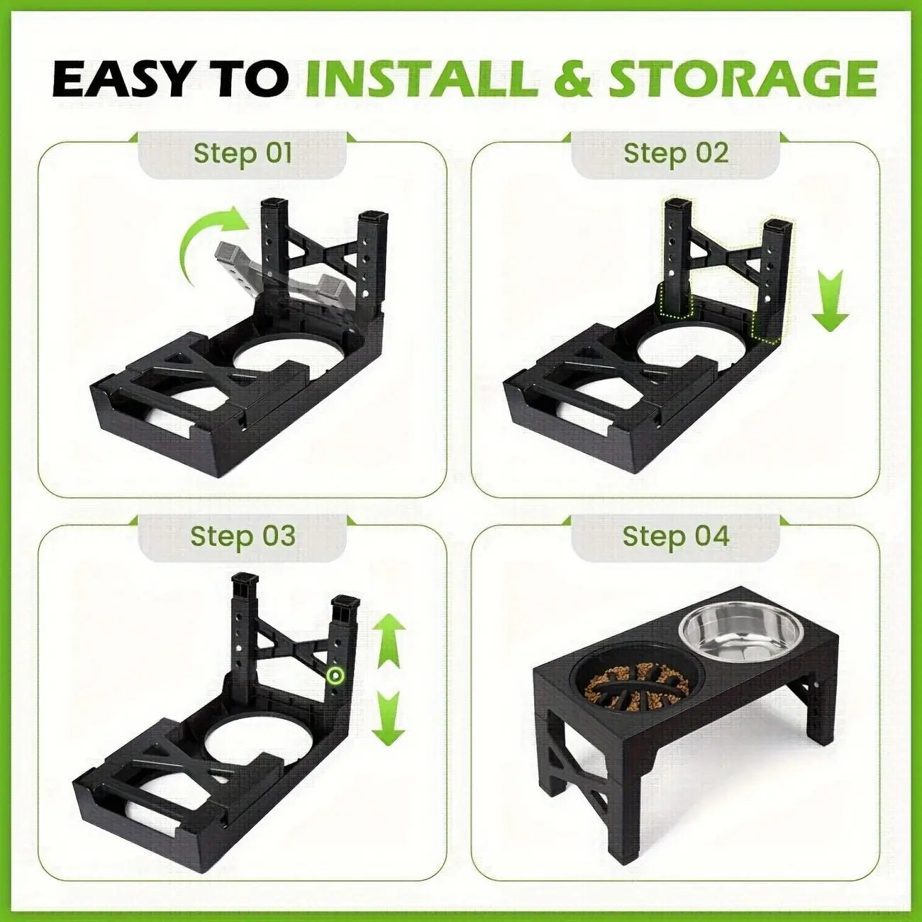 Adjustable Elevated Dog Bowl Stand with 2 Stainless Steel Bowls and 1 Slow Feeder, Height Adjustable from 3.2" to 12.2" for Small, Medium, and Large Dogs