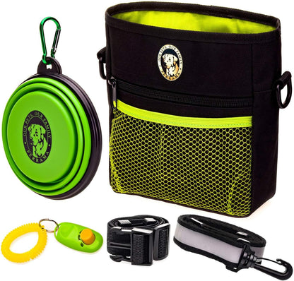 Dog Training and Walking Treat Pouch with Poop Bag Dispenser, Pro Clicker, Collapsible Travel Bowl, and Reflective Shoulder Strap - Black/Green