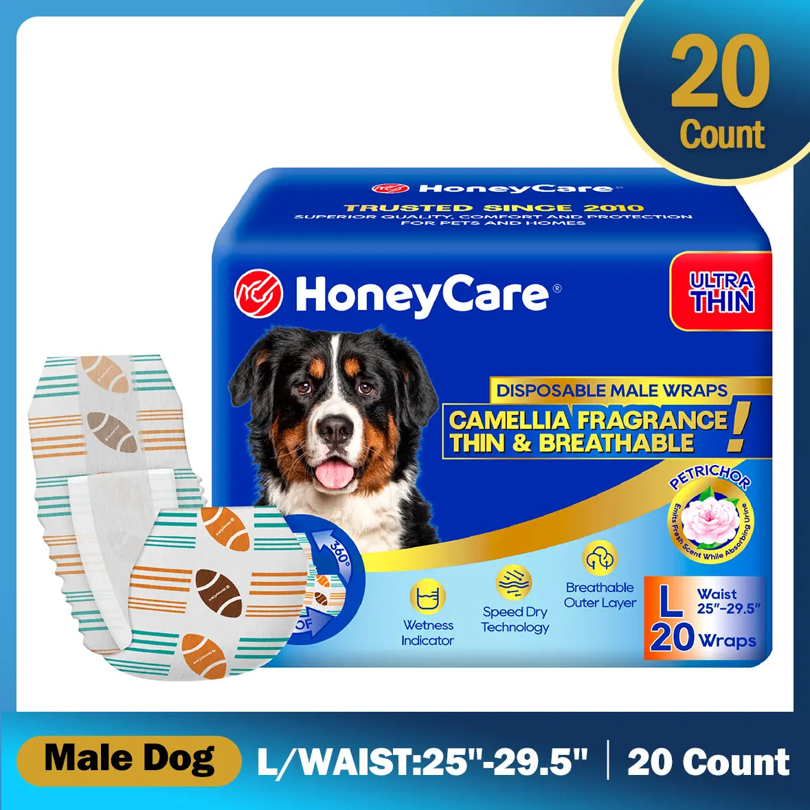 Honeycare Disposable Dog Diapers for Male and Female - Puppy Training Wraps with Stretchy Fabric, 360-Degree Leak-Proof Design, Super Absorbent and Breathable Material, Wetness Indicator, and Adjustable Suspenders for Effective Toilet Training