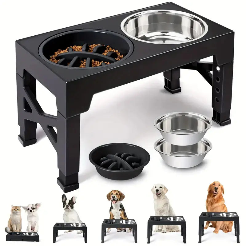 Adjustable Elevated Dog Bowl Stand with 2 Stainless Steel Bowls and 1 Slow Feeder, Height Adjustable from 3.2" to 12.2" for Small, Medium, and Large Dogs