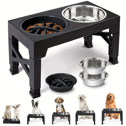 Adjustable Elevated Dog Bowl Stand with 2 Stainless Steel Bowls and 1 Slow Feeder, Height Adjustable from 3.2" to 12.2" for Small, Medium, and Large Dogs