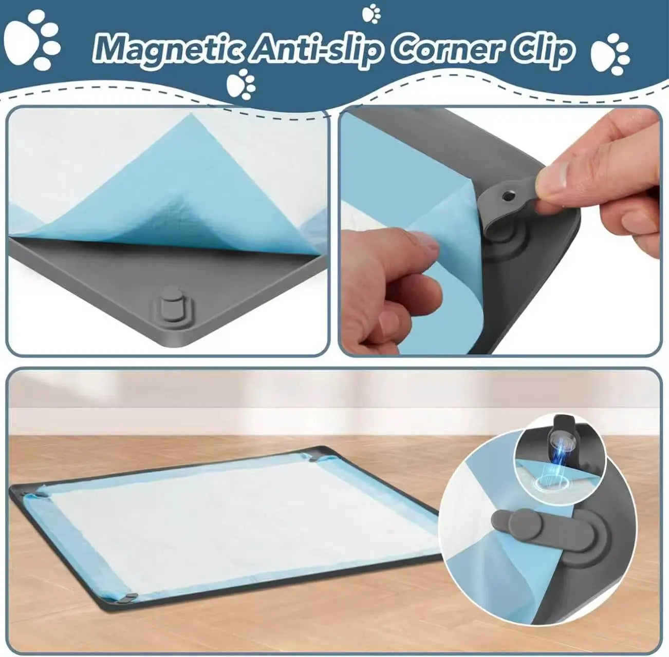 Dog Pee Pad Holder - Non-Slip Silicone Potty Training Tray with Magnetic Clips and Leak-Proof Raised Edge for Indoor Floor Protection