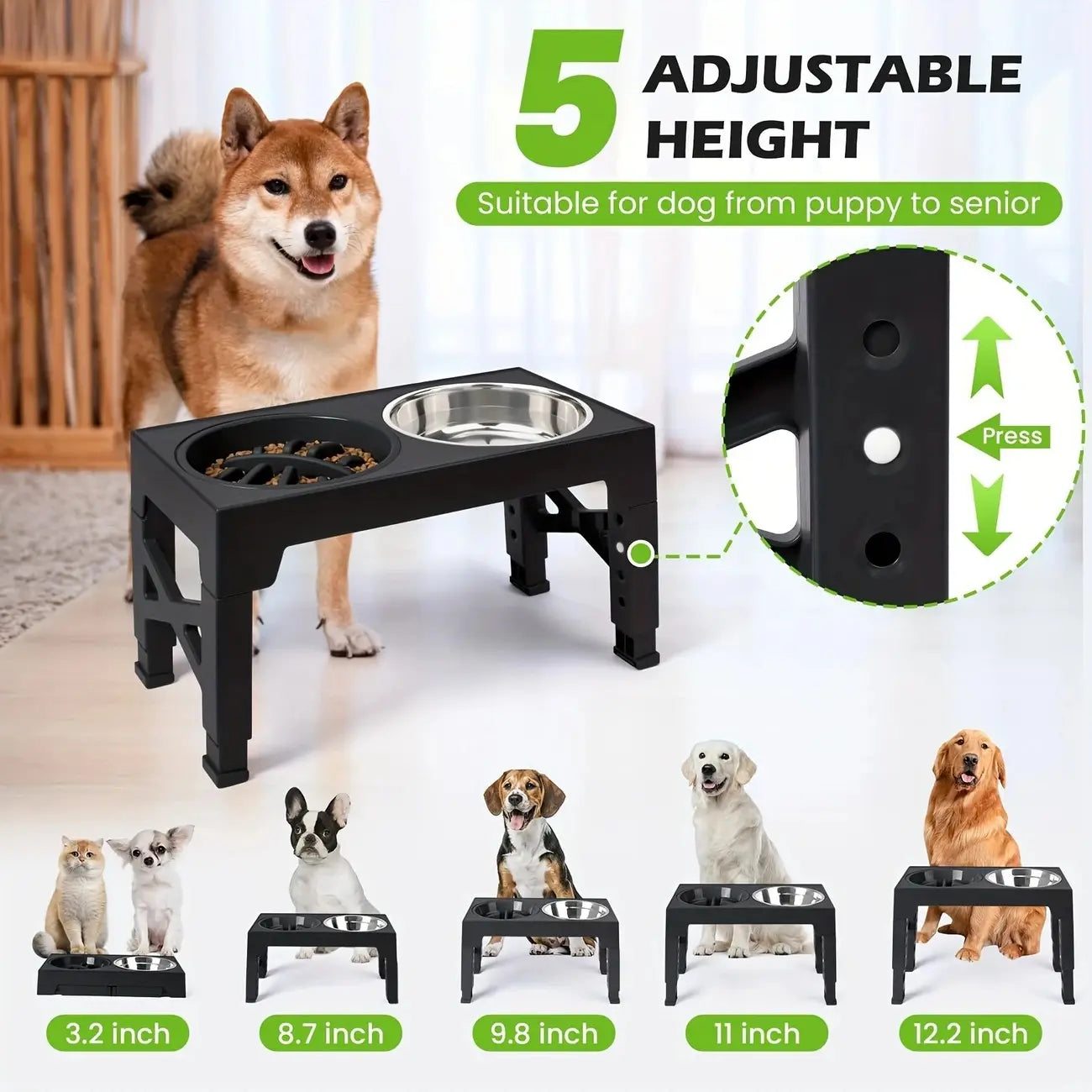Adjustable Elevated Dog Bowl Stand with 2 Stainless Steel Bowls and 1 Slow Feeder, Height Adjustable from 3.2" to 12.2" for Small, Medium, and Large Dogs