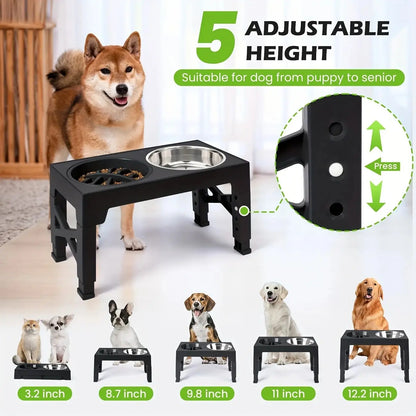 Adjustable Elevated Dog Bowl Stand with 2 Stainless Steel Bowls and 1 Slow Feeder, Height Adjustable from 3.2" to 12.2" for Small, Medium, and Large Dogs