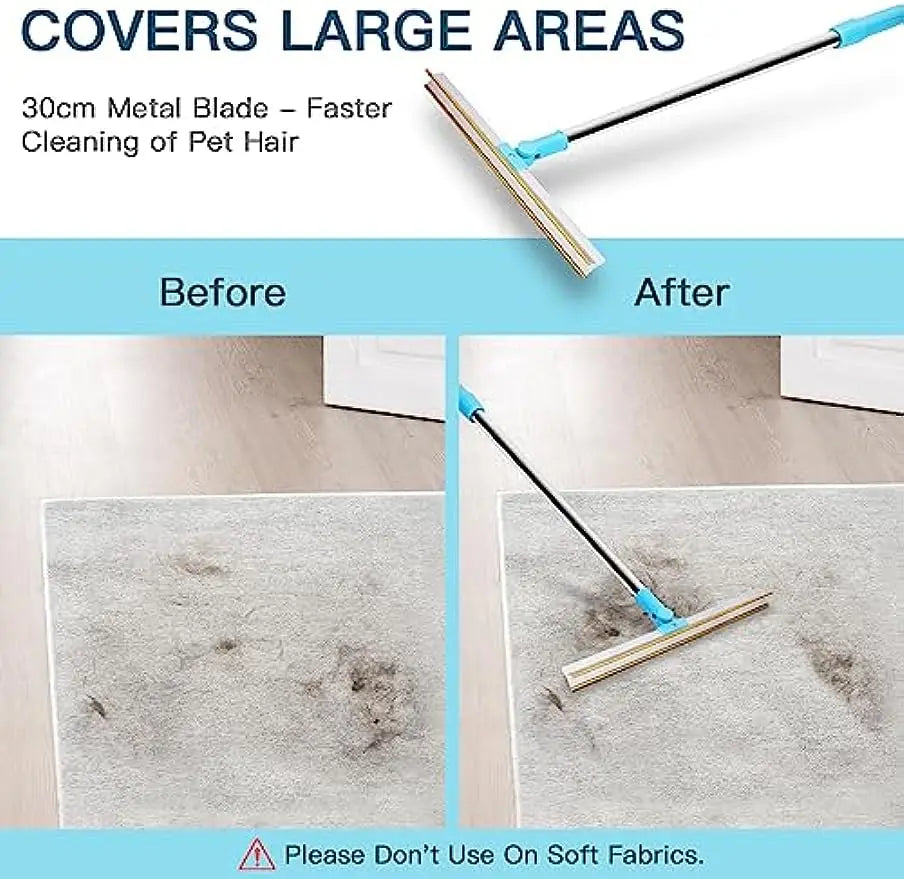 Professional Carpet Rake and Pet Hair Removal Tool with Telescopic Handle and 180° Rotation for Effective Dog and Cat Hair Removal