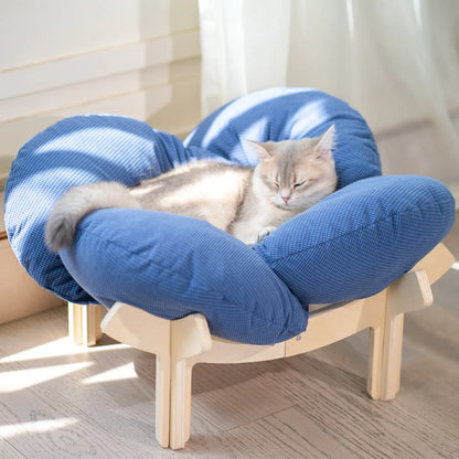 Elevated Wooden Cat Bed with Cushion - Fluffy Pet Sofa for Indoor Cats and Dogs, Raised Lounge Chair, Large Size Cat Furniture