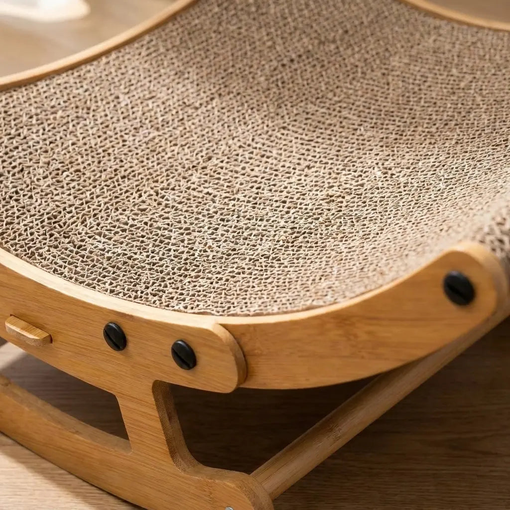 Elegant Bohemian Cat Scratcher Lounge Bed with Solid Wood Frame - 2-in-1 Rocking and Scratching Function for Indoor Cats, Anti-Anxiety Design, Non-Shedding Comfort for Medium to Large Cats and Kittens