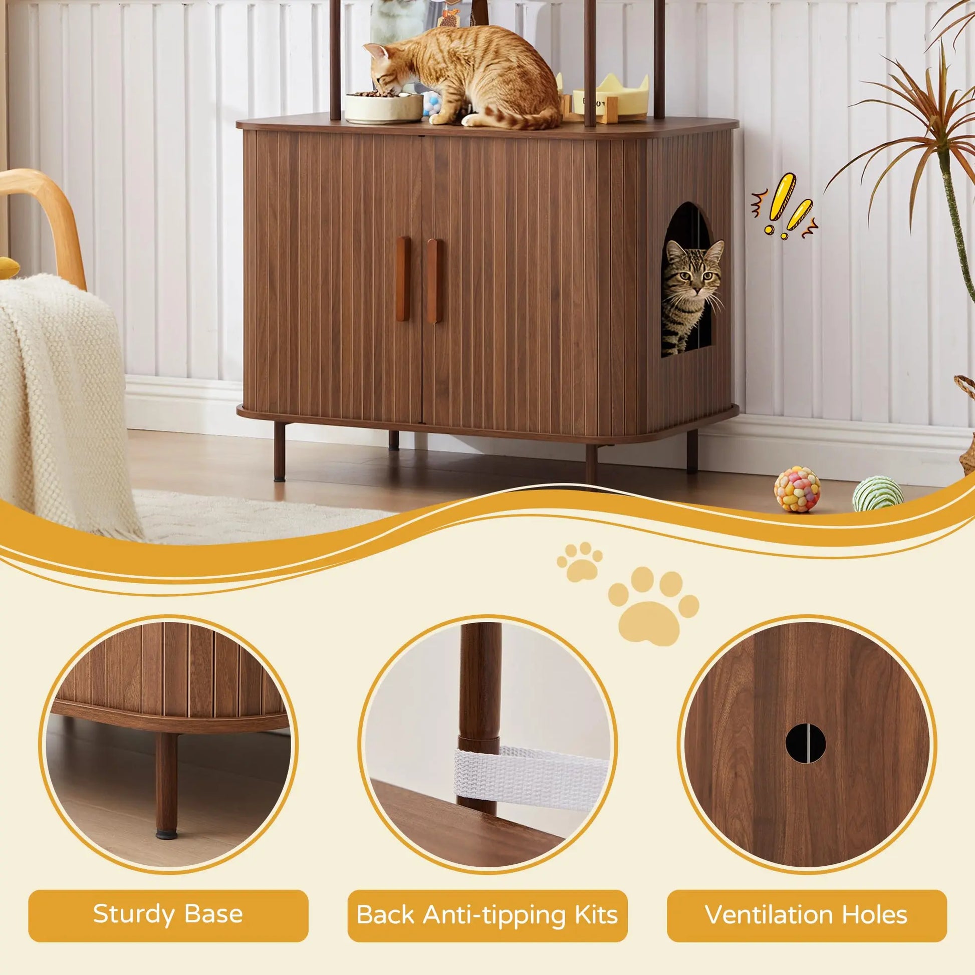 Giratree Sophisticated Cat Litter Box Enclosure with Dual Storage Shelves and Sliding Door, Spacious Curved Indoor Cat House