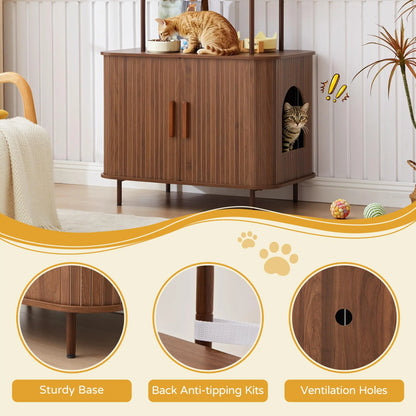 Giratree Sophisticated Cat Litter Box Enclosure with Dual Storage Shelves and Sliding Door, Spacious Curved Indoor Cat House