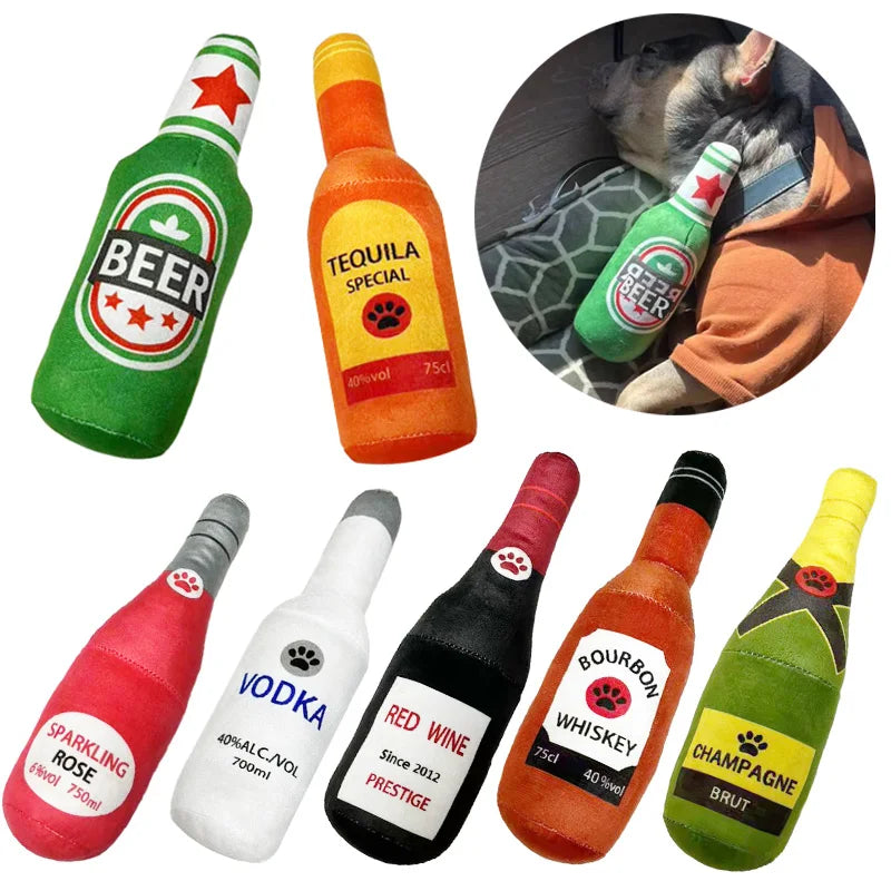 Plush Interactive Dog Toys - Beer Bottle Shape for Small and Large Dogs, Squeaky Sound, Dental Chew, and Play Supplies