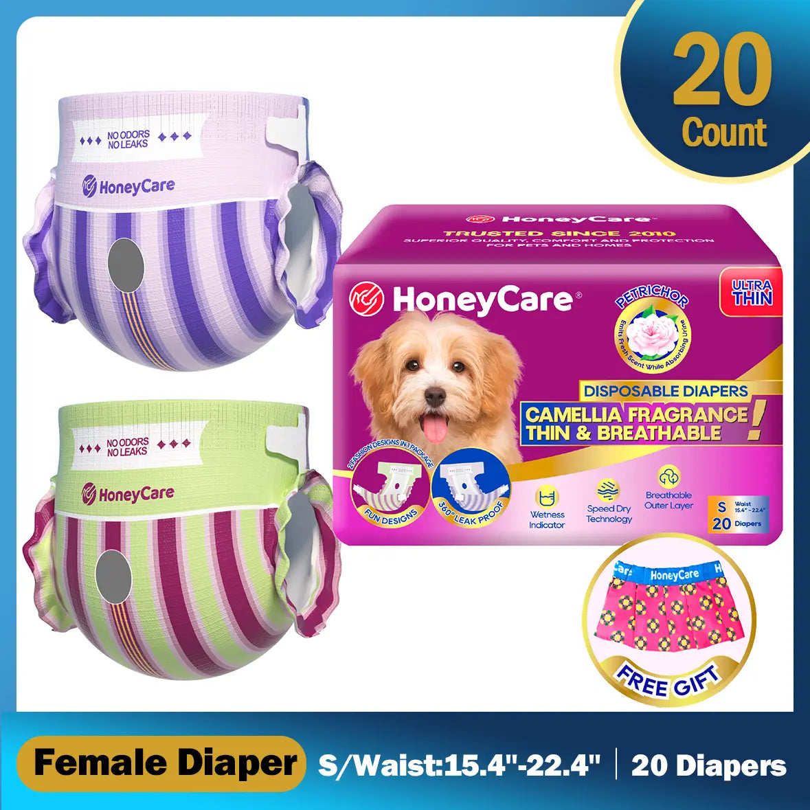 Honeycare Disposable Dog Diapers for Male and Female - Puppy Training Wraps with Stretchy Fabric, 360-Degree Leak-Proof Design, Super Absorbent and Breathable Material, Wetness Indicator, and Adjustable Suspenders for Effective Toilet Training