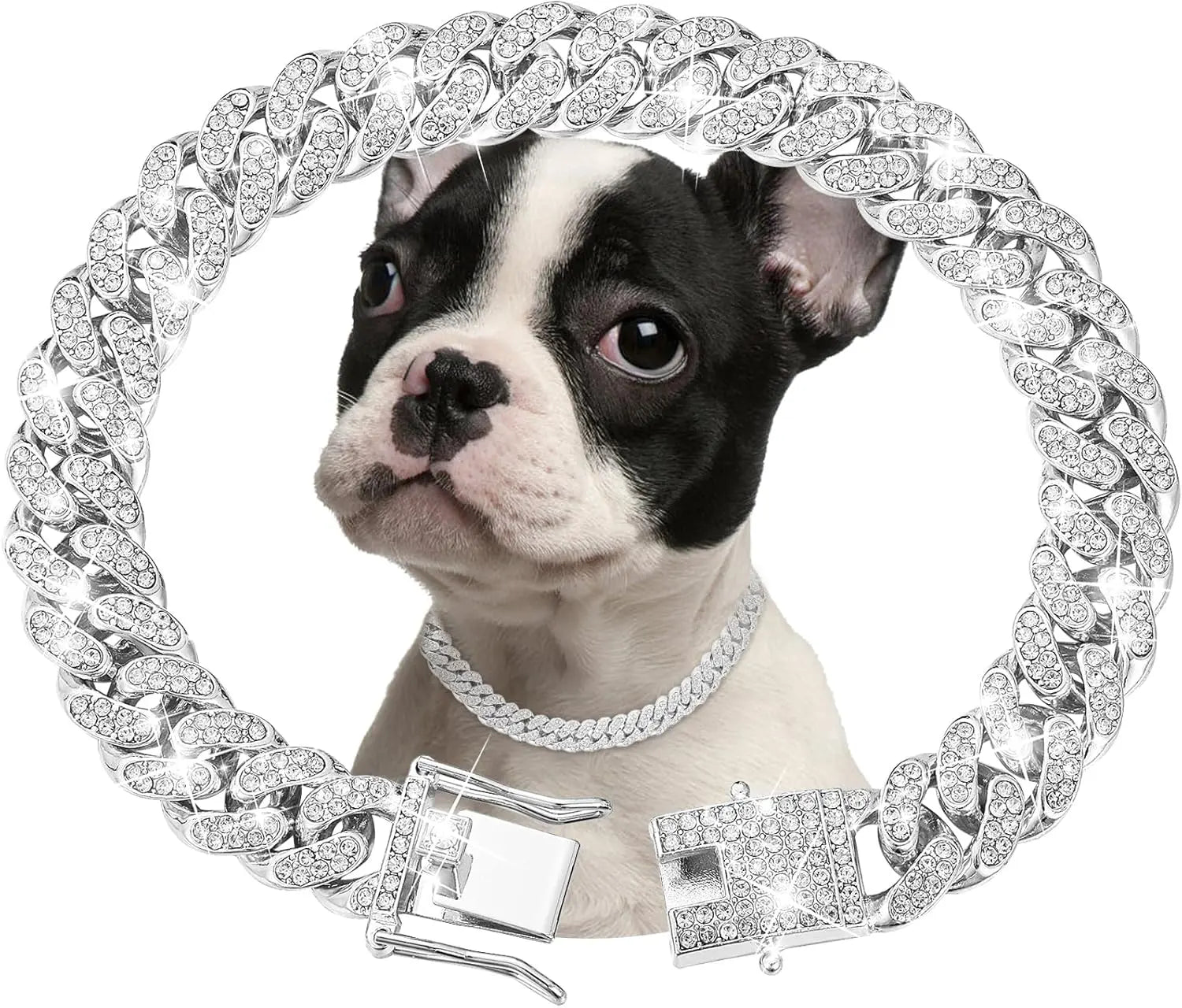 Luxury Diamond Cuban Link Dog Collar - 13mm Wide Silver Chain Necklace for Small to Large Dogs & Cats (16 Inch)