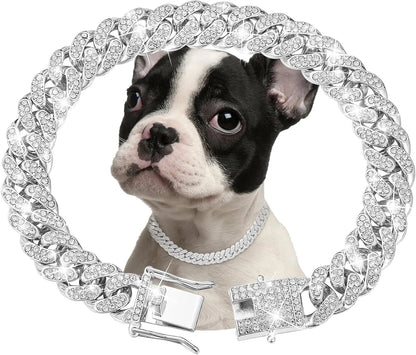 Luxury Diamond Cuban Link Dog Collar - 13mm Wide Silver Chain Necklace for Small to Large Dogs & Cats (16 Inch)
