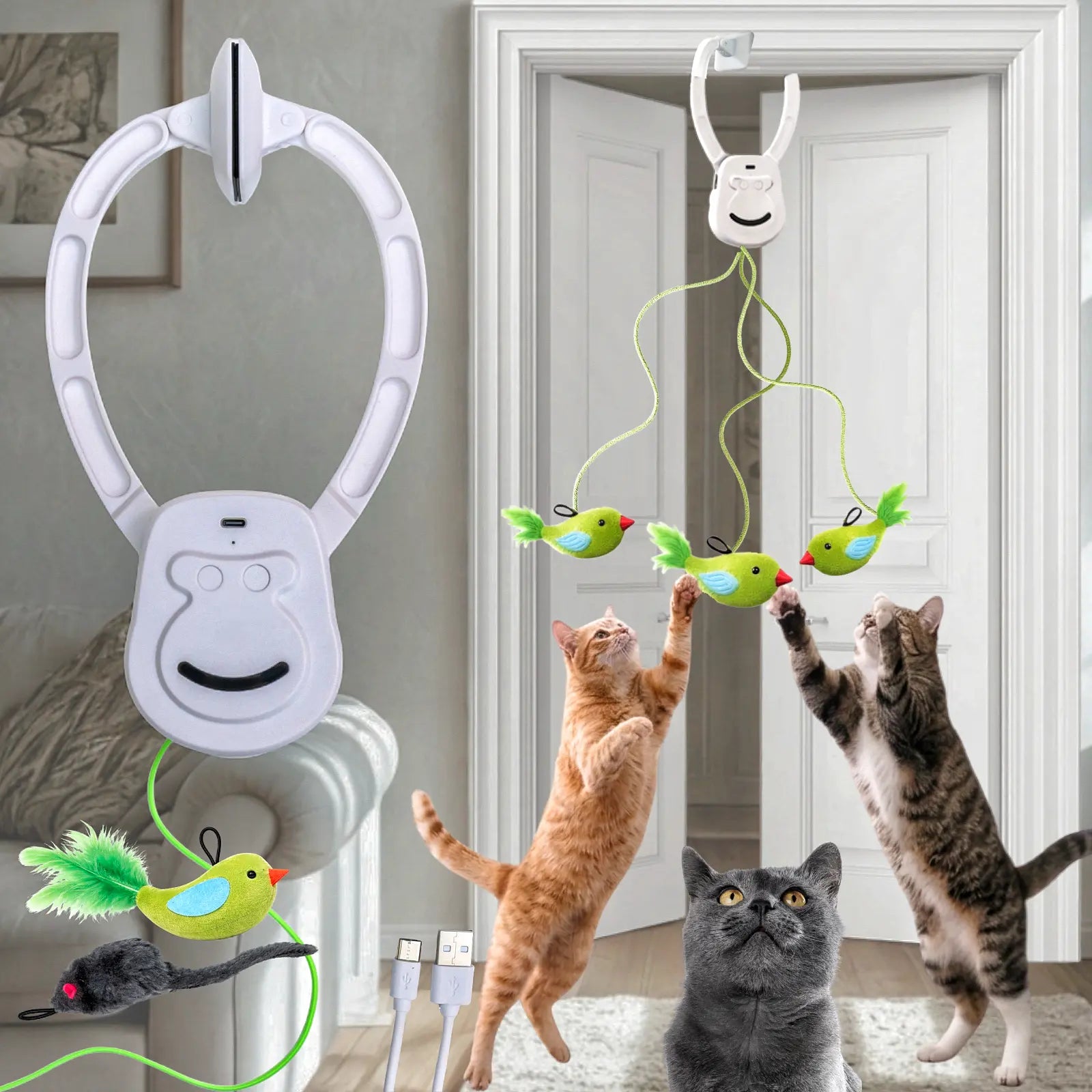 AIXINPET Rechargeable Interactive Cat Teaser - Door-Mounted Fun with Adjustable String & Custom Accessories for Endless Play!