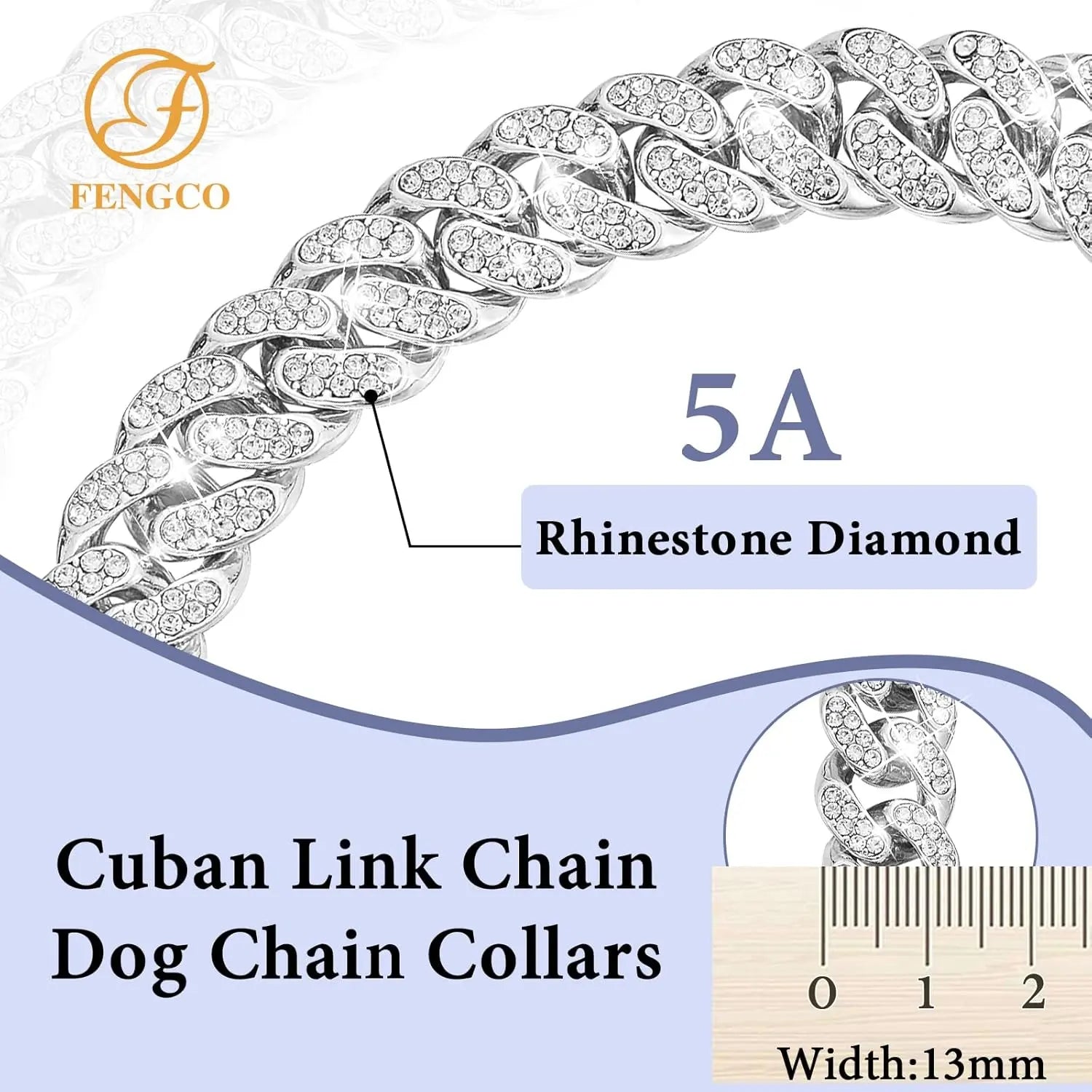 Luxury Diamond Cuban Link Dog Collar - 13mm Wide Silver Chain Necklace for Small to Large Dogs & Cats (16 Inch)