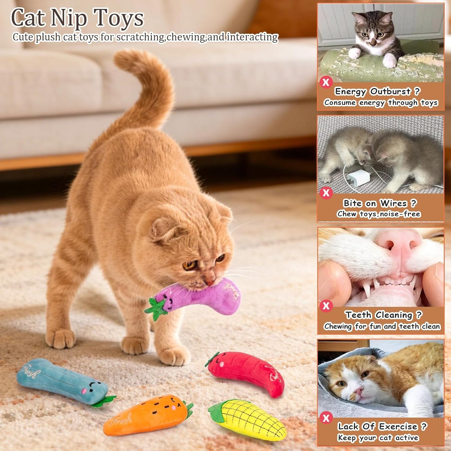 Plush Catnip Toys for Indoor Cats - 5 Pack Interactive Kitty Kicker Chew Toys in Fun Carrot Shape for Dental Care and Playtime