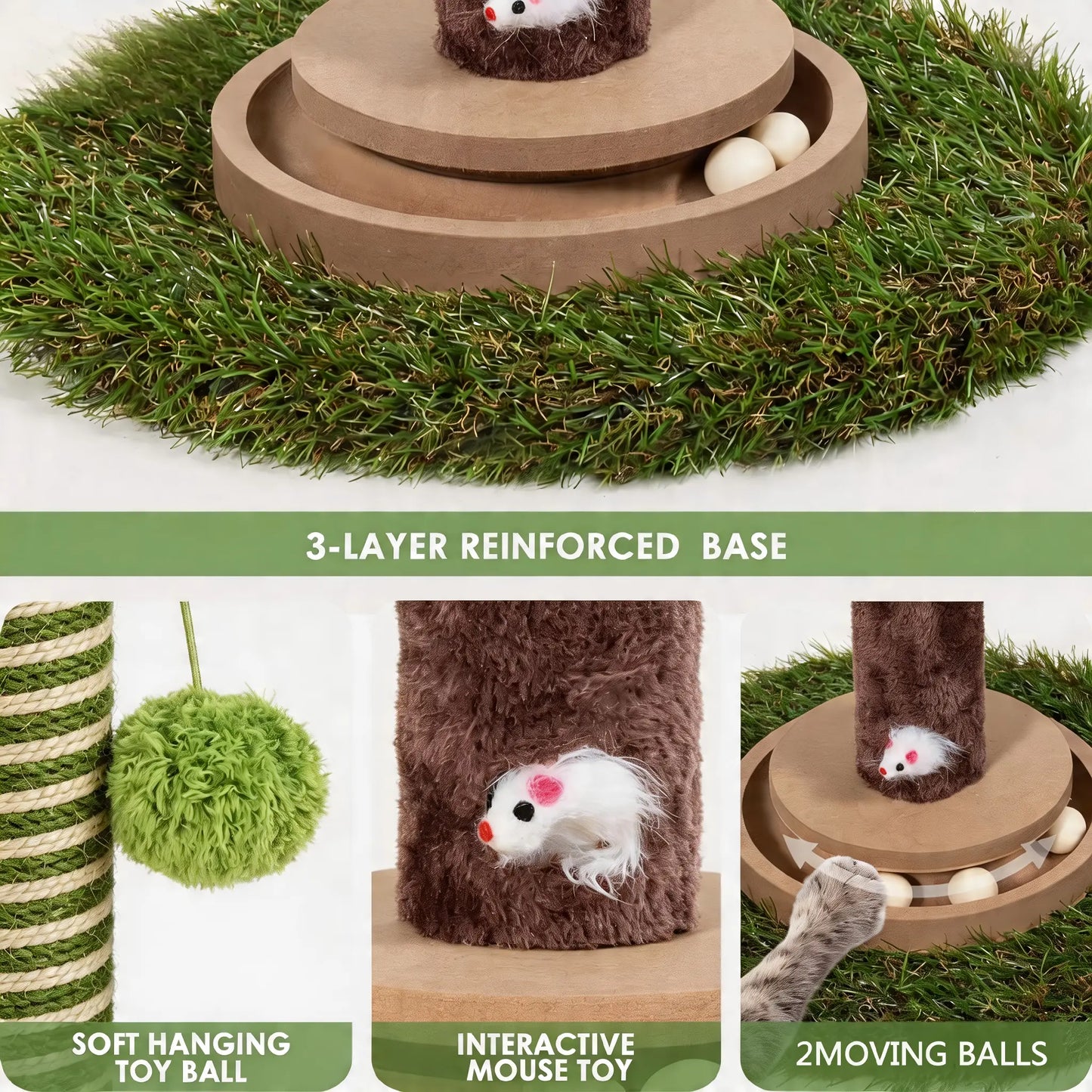 39-Inch Interactive Cat Scratching Post with Artificial Eucalyptus Leaves - 4-in-1 Cat Tree Tower with Toy Balls and Sisal Rope - Modern Indoor Pet Furniture for Living Room