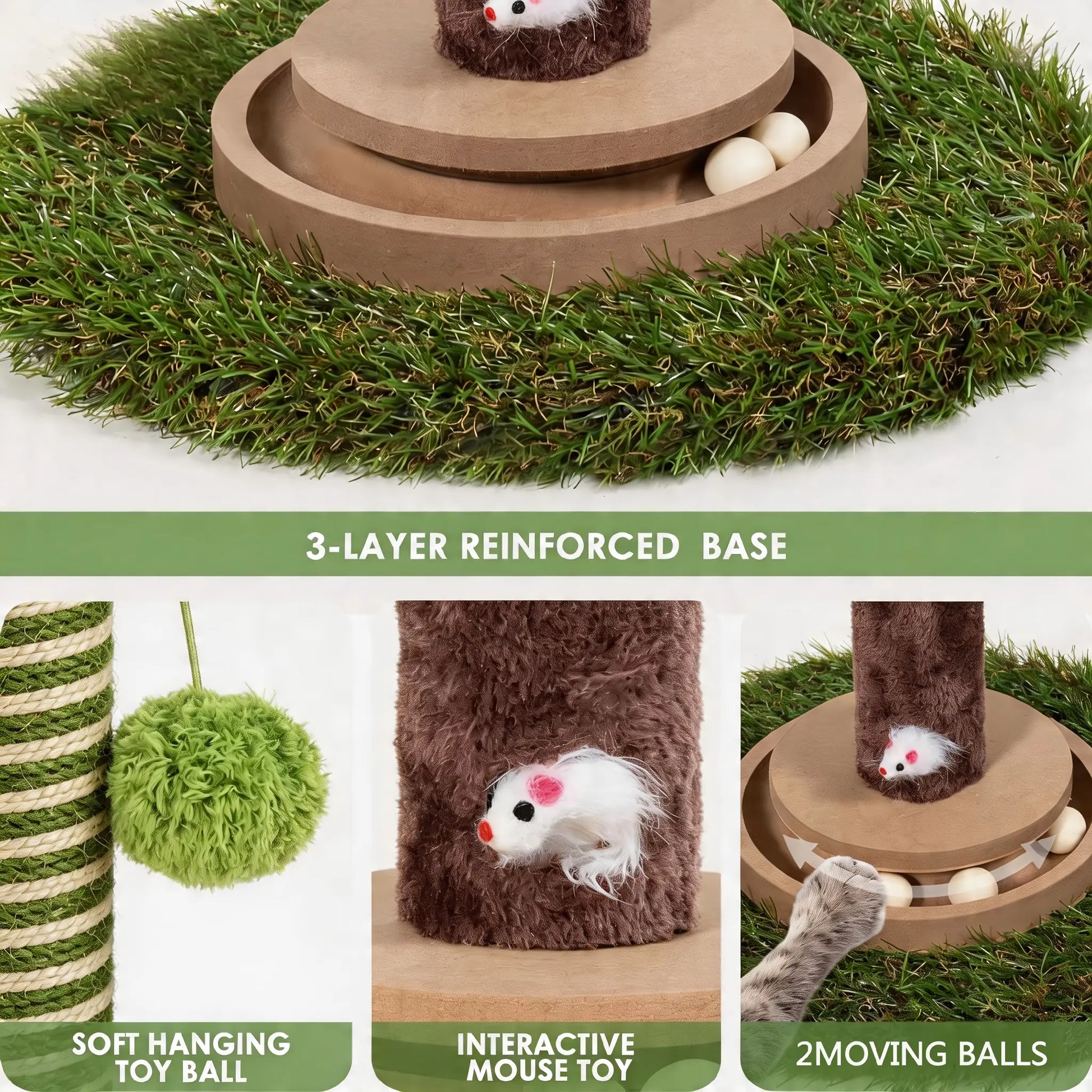 39-Inch Interactive Cat Scratching Post with Artificial Eucalyptus Leaves - 4-in-1 Cat Tree Tower with Toy Balls and Sisal Rope - Modern Indoor Pet Furniture for Living Room