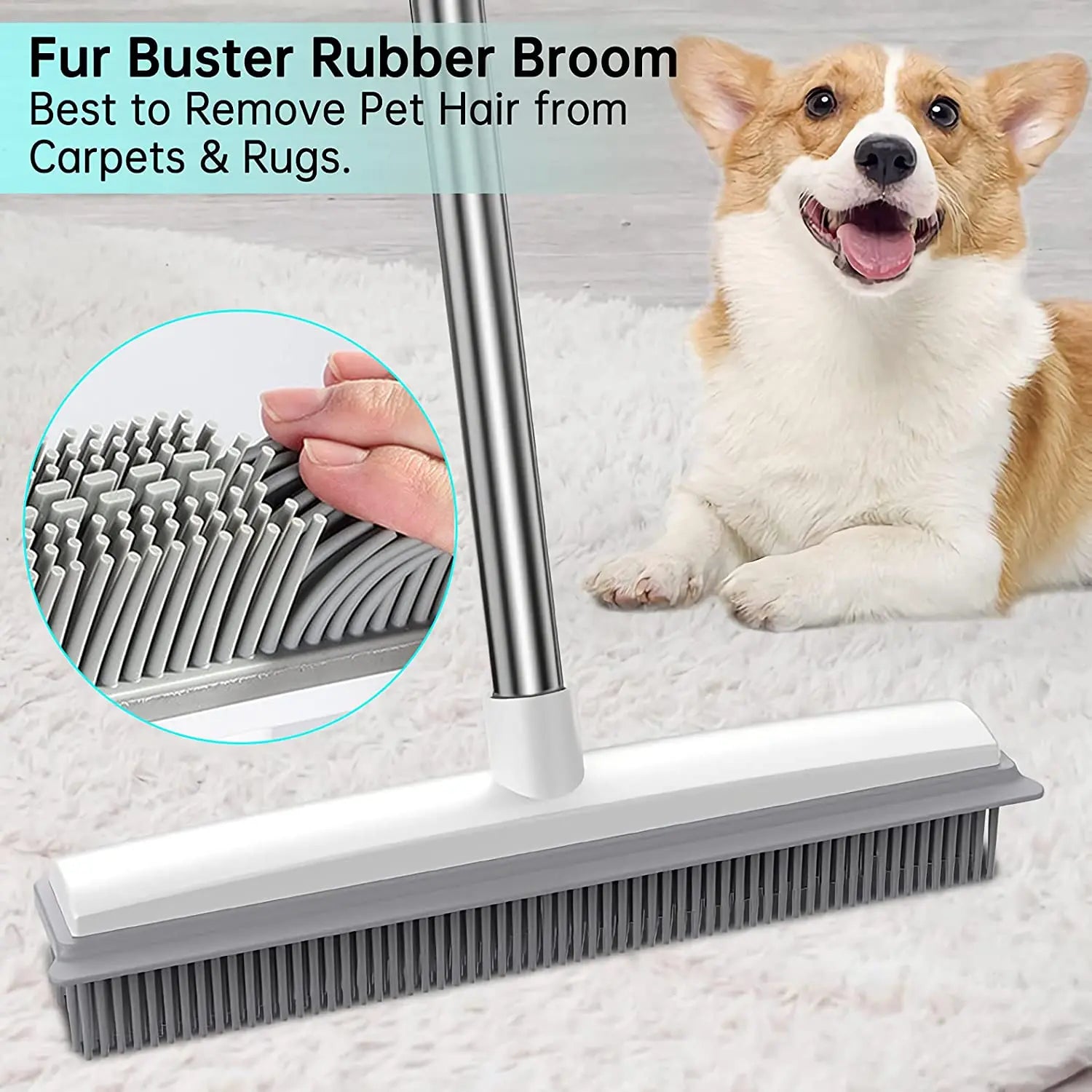 Adjustable 2-in-1 Broom with Squeegee Edge and Soft Rubber Bristles for Indoor and Outdoor Cleaning, Ideal for Pet Hair Removal and Housekeeping Tasks