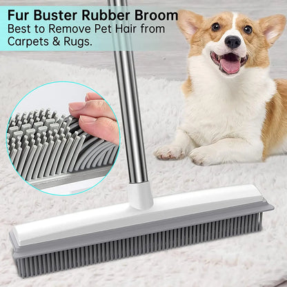 Adjustable 2-in-1 Broom with Squeegee Edge and Soft Rubber Bristles for Indoor and Outdoor Cleaning, Ideal for Pet Hair Removal and Housekeeping Tasks