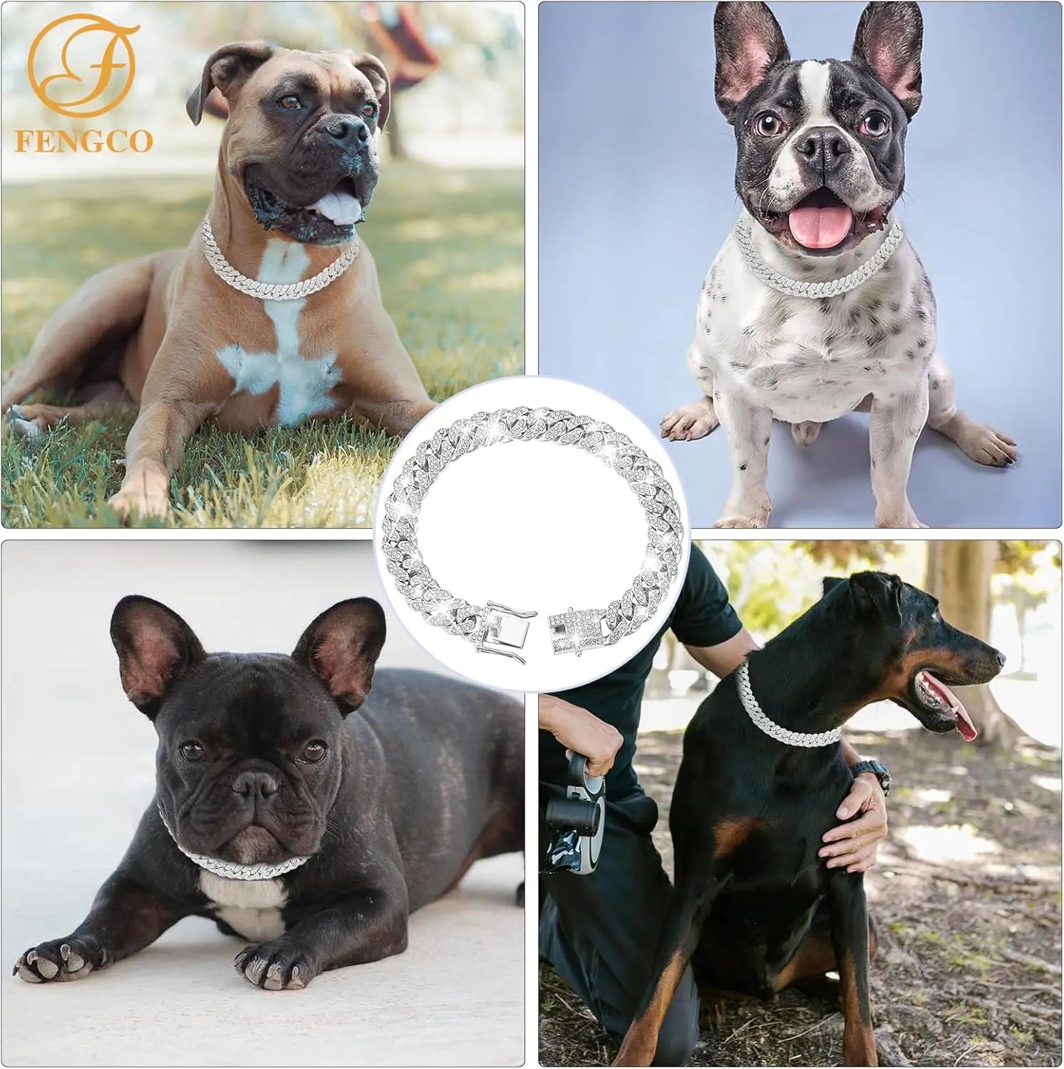 Luxury Diamond Cuban Link Dog Collar - 13mm Wide Silver Chain Necklace for Small to Large Dogs & Cats (16 Inch)